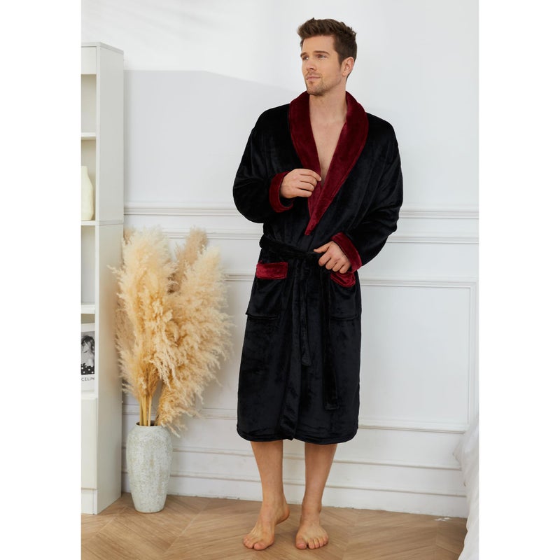 U2SKIIN Mens Fleece Robe Plush Collar Shawl Bathrobe(Black/Dark Red,L/XL) - Image 5